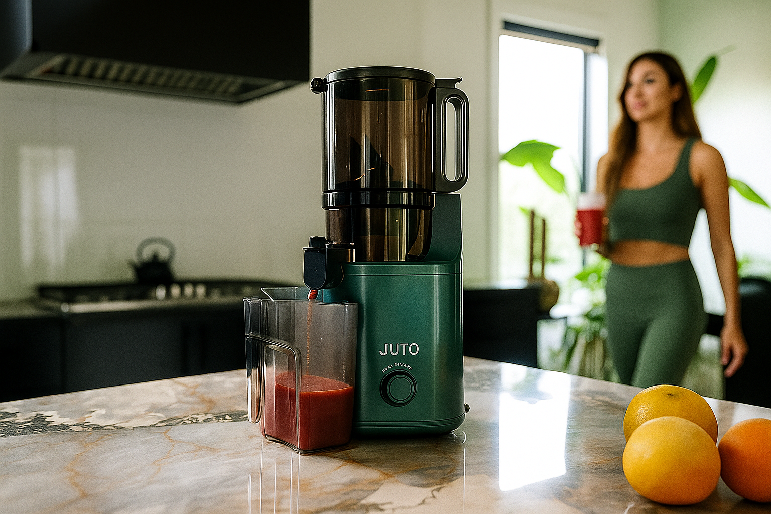 Green Juto juicer on a kitchen counter with a woman in the background